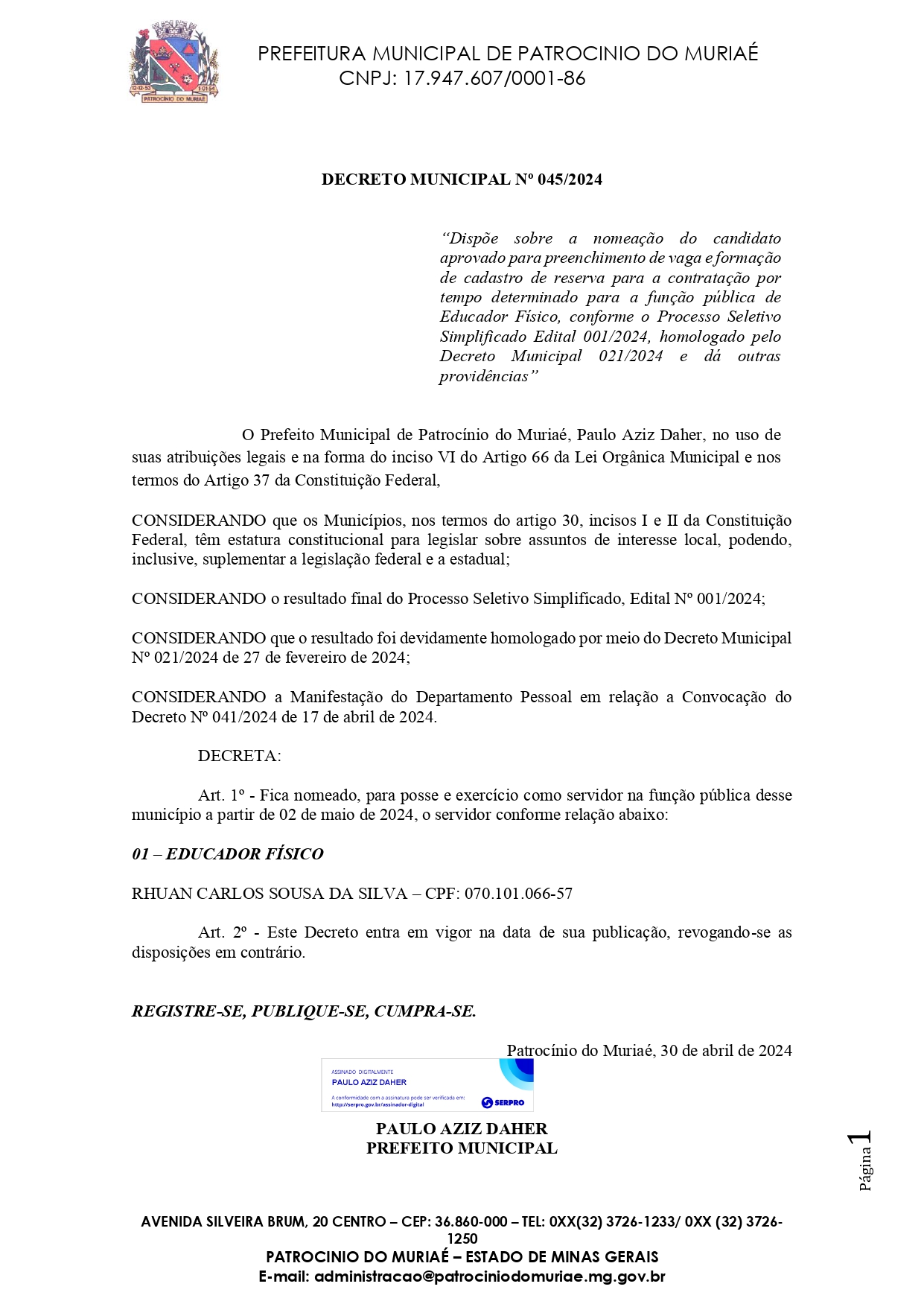 Decreto Nº 045 2024 PSS Nº 001 2024 page 0001